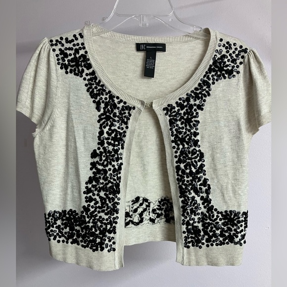 INC Women’s Sweater, Large, Ecru/Black, Sequins, Capped Sleeves, Cropped - Picture 3 of 4